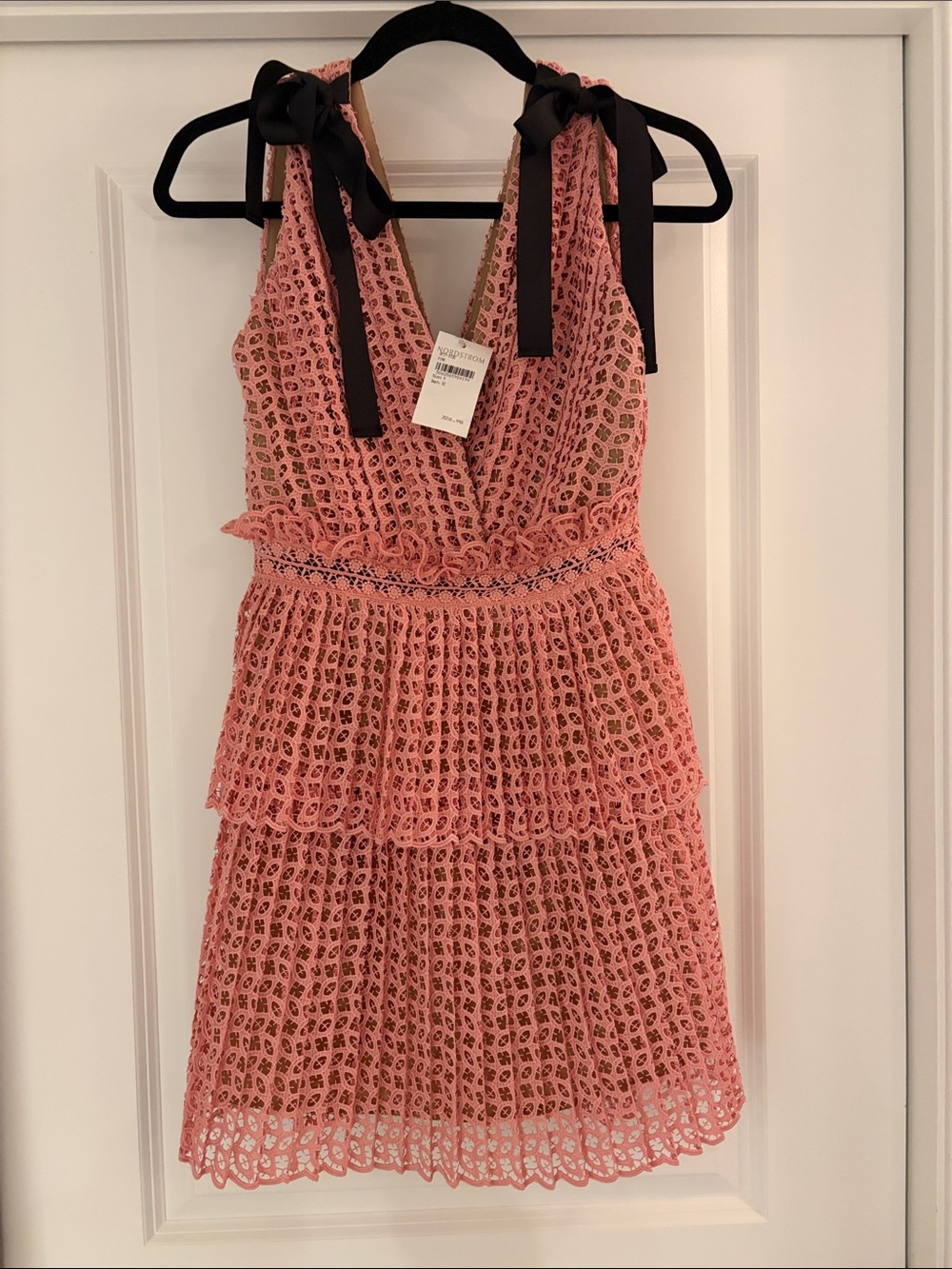 Self-Portrait Pink Eyelet Tiered Mini Dress with Black Shoulder Ties